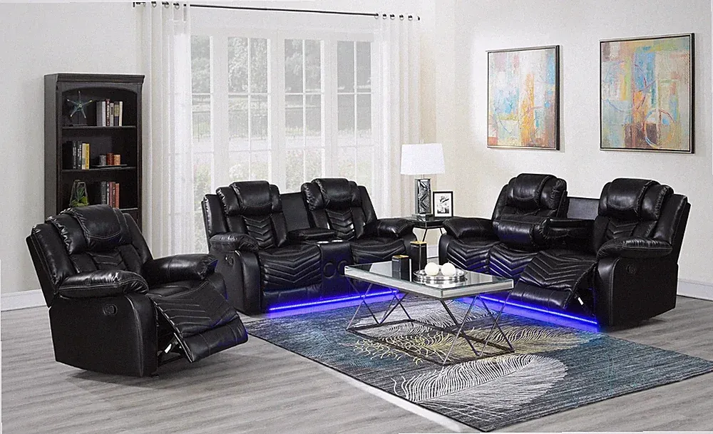 NEW LED Recliner Sofa Loveseat Chair 3PC Set Black Leather & Bluetooth Speaker